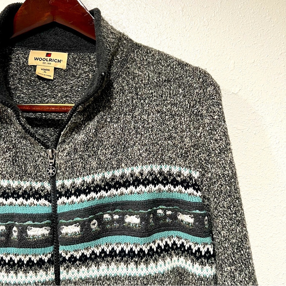 Woolrich Zip Front Sweater Gray Sheep Women’s Size XL Grannycore Cottagecore EUC